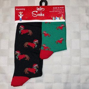 Daddy and Child Daschund Weiner Dog Wearing Santa Hat Christmas Socks NEW